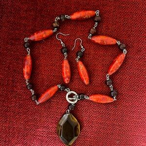 Handmade Jewelry wood Beads and Natural Stone Necklace and Earrings